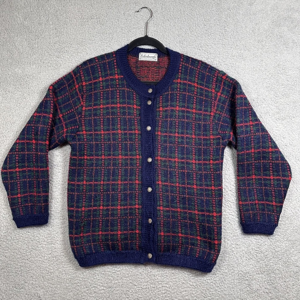 VINTAGE Edinburgh Sweater Mens Medium Navy Tartan Mohair Cardigan Great Britain